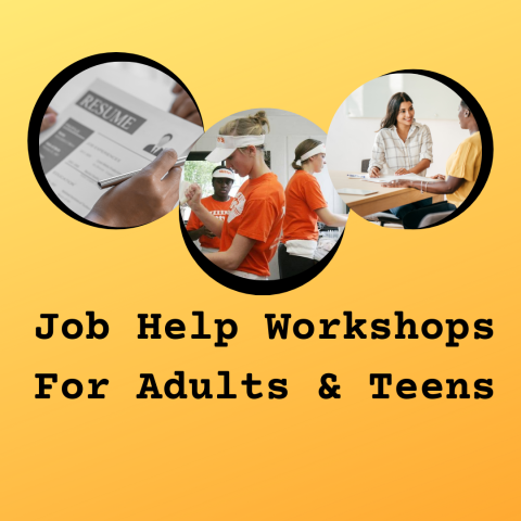 Yellow background with three circles, each with an image depicting adults and teens working or interviewing for jobs