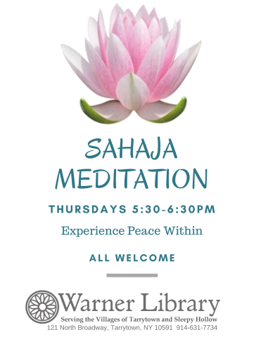 white flyer pink lotus blue letter says Sahaja Meditation Thursdays 5:30pm-6:30pm Experience Peace Within