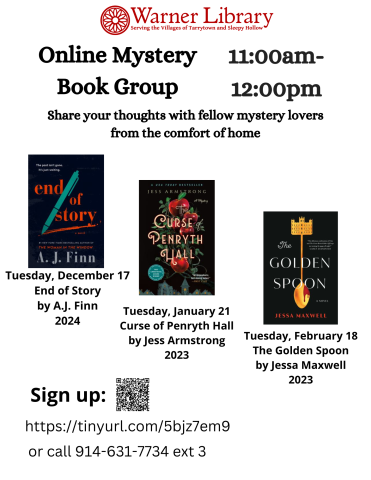 online mystery book group 3rd Tuesday each month 11am-12pm