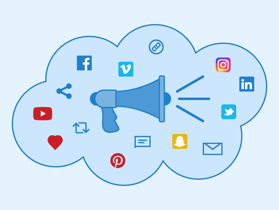 Blue background with megaphone and social media logos