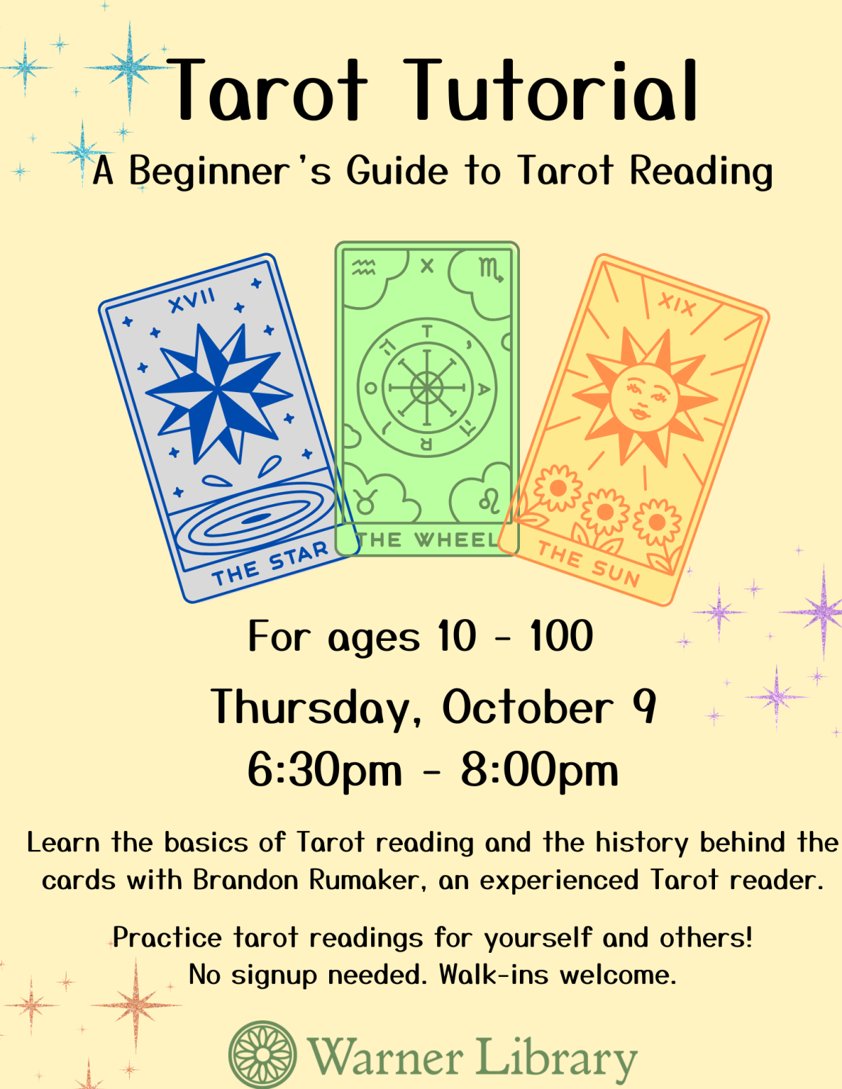 Tarot history and readings Oct. 9 @ 6:30pm